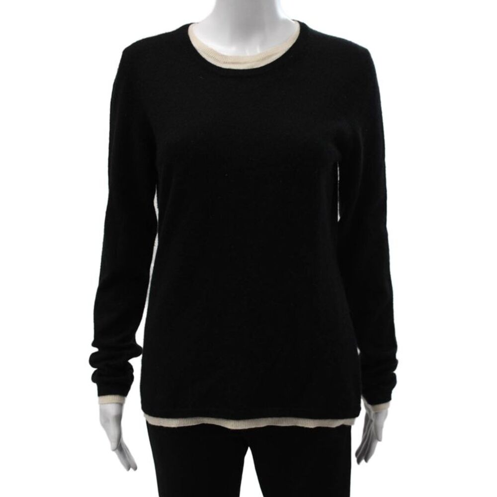 Sutton Studio Women Black Plaid Cashmere Crewneck Sweater Long Sleeve Size L